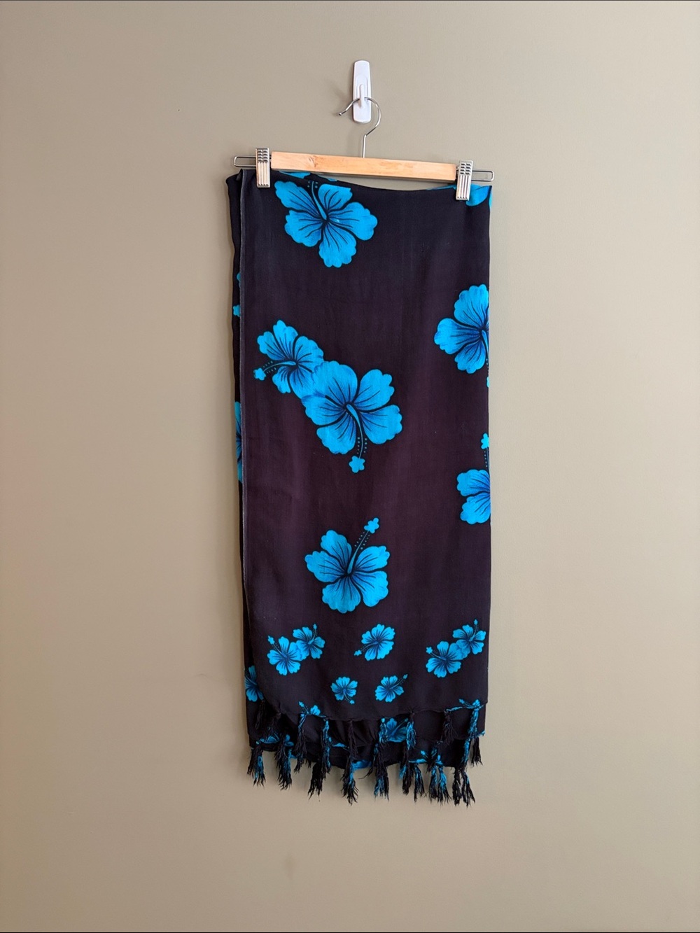 Black Sarong with Bright Blue Floral Print - Women's Swim Cover-Up